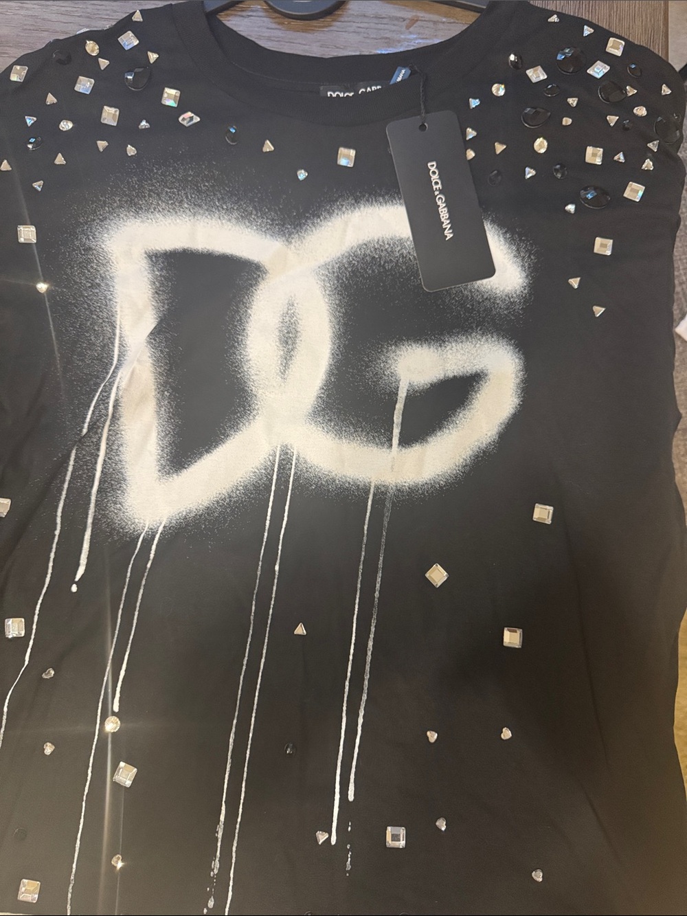 Dolce & Gabbana Black Tee with White Spray-Logo and Crystal Studs